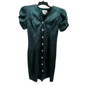 Vintage 80s DBY Ltd. Party Green Velvet Mini Dress Victorian Buttons Size 5/6